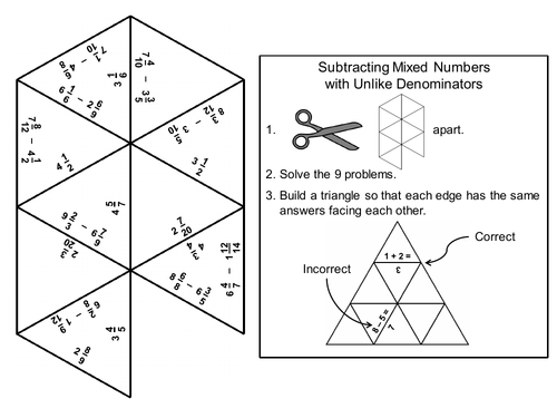 Subtracting Mixed Numbers With Unlike Denominators Game: Math Tarsia Puzzle