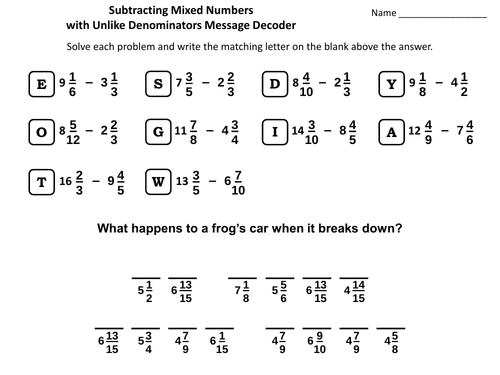 Subtracting Mixed Numbers With Unlike Denominators Activity: Message Decoder