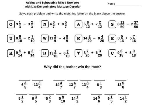 Addition And Subtraction Of Mixed Numbers With Like Denominators Worksheets