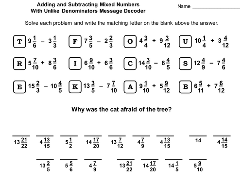 Adding and Subtracting Mixed Numbers With Unlike Denominators Message Decoder