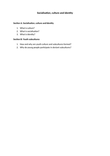 OCR Sociology A level checklist: Paper 1 - Socialisation, culture and identity (youth subculture)