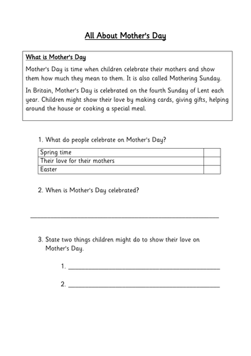 Year 2 / KS1 SATs Reading Comprehension - Mother's Day