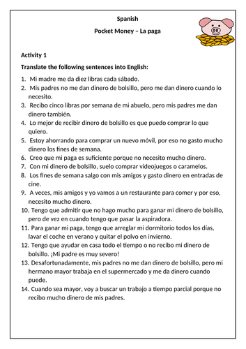 Spanish - Pocket Money Worksheet - la paga / el dinero de bolsillo
