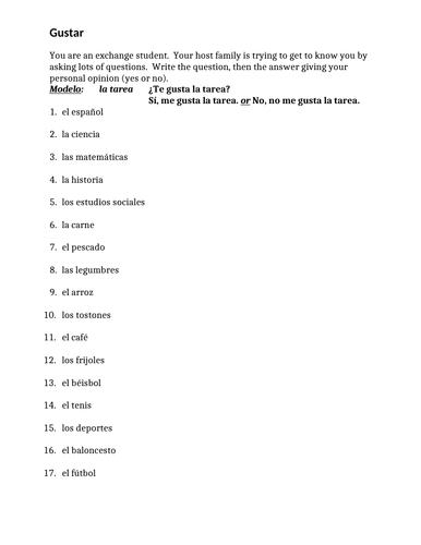 Gustar Spanish Verb Worksheet