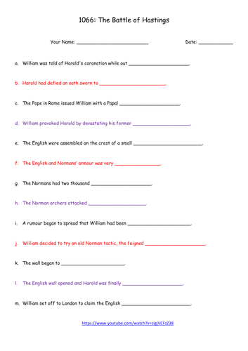 1066: Battle of Hastings BBC Video Question Sheet | Teaching Resources