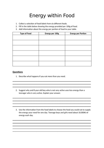 Energy in Food Worksheet