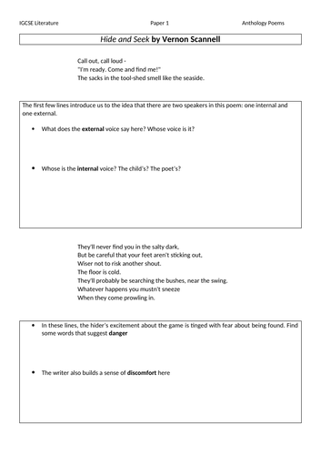 Hide and Seek poem with boxes for notes. Ideal for students working from home.