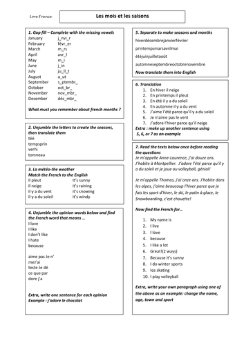 Home, school, independent learning. French Months and seasons