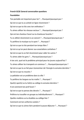 French AQA GCSE - ALL Photo card and extra general conversation questions - June 2018 paper