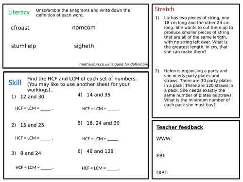 LCM and HCF Homework | Teaching Resources