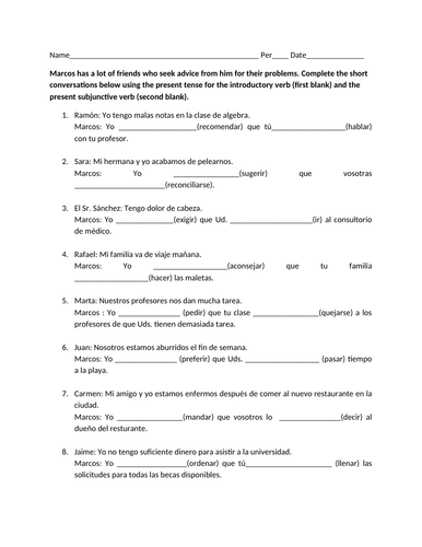 Subjunctive with advice worksheet