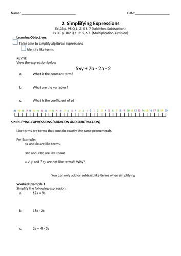 Simplifying Expressions Worksheet | Teaching Resources