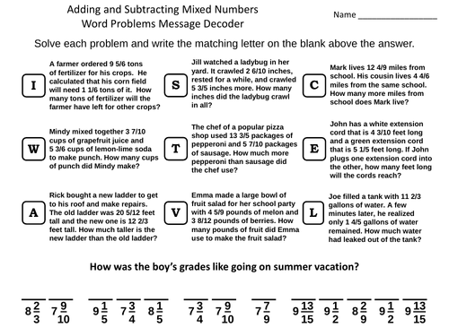 adding-and-subtracting-mixed-numbers-word-problems-activity-message
