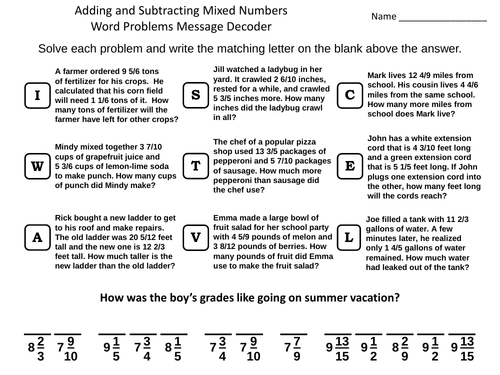 Adding And Subtracting Mixed Numbers Word Problems Activity Message Decoder Teaching Resources