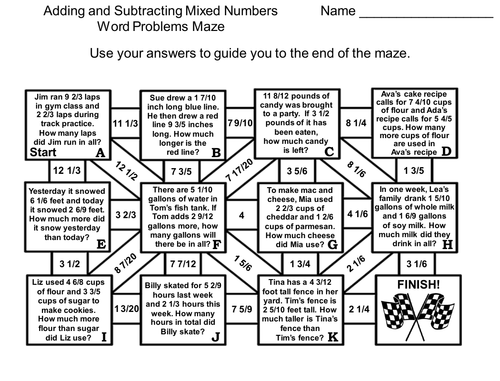 Adding and Subtracting Mixed Numbers Word Problems Math Maze