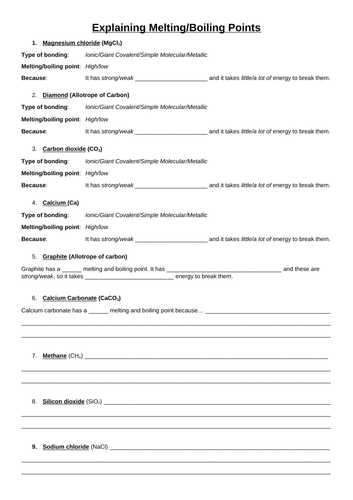 Explaining Melting/Boiling Points Worksheet (C3) | Teaching Resources