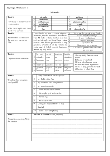 Spanish KS3 Independent Study Worksheets: Describing my family, Pets, House & Home