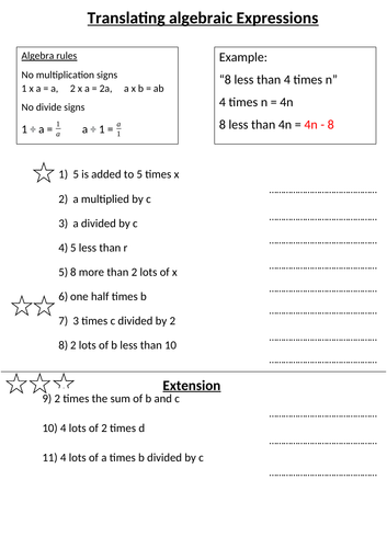Translating Algebraic Sentences to expressions | Teaching Resources