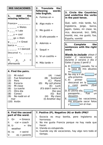 Revision Sheet KS3 - Viva 2 Unit 1 Mis Vacaciones