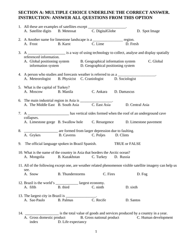 geography ks3year 8 examination paper and mark scheme teaching