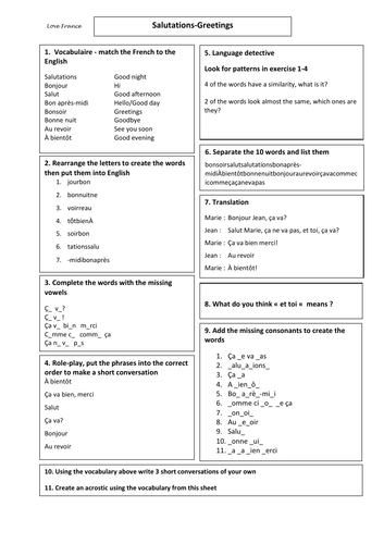 Home learning, at school or independent  French greetings