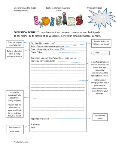 FREE French Writing - Production écrite 1ère année - Mon correspondant Paul