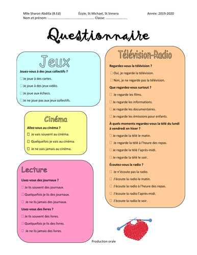Questionnaire  Loisirs: Asking our friends questions related to their hobbies.