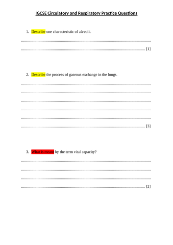 IGCSE Respiratory and Circulatory System Practice Exam Questions