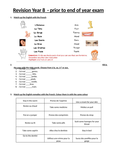 revision year 8 french teaching resources