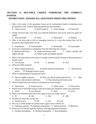 Geography Examination for ks3 , Year 9, with Mark Scheme