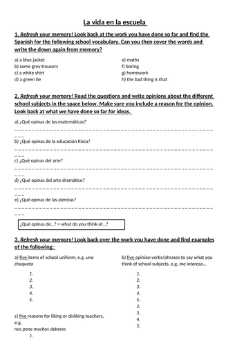 Mi instituto - revision booklet SPANISH