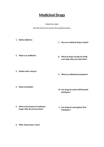 Medicinal Drugs - Research Quiz