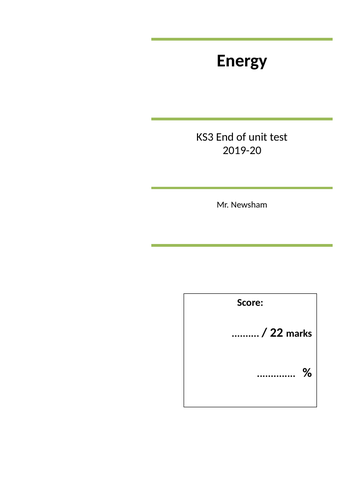 Energy - End of Unit Test KS3 (SEN)
