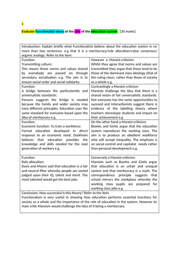 AQA A Level Sociology 30 mark essay Functionalism - Education