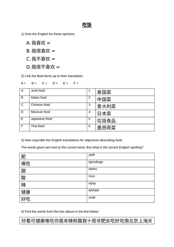 Mandarin Chinese Worksheet: food & opinions