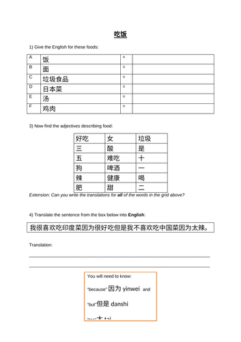 Mandarin Chinese Worksheet: Food Part 2
