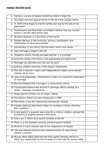 Component 1 - Family Review Quiz  58 statements! Sociology