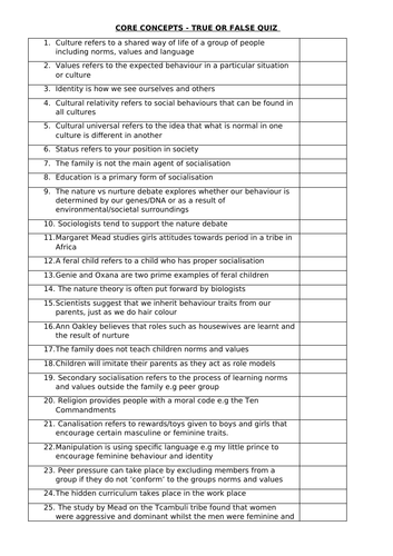 Component 1 - Core Concepts Review Quiz 35 statements. Sociology ...