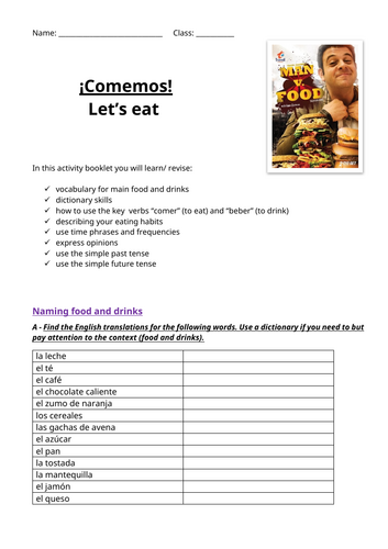 KS3 Spanish Healthy Eating Independent Learning Booklet + Answer booklet