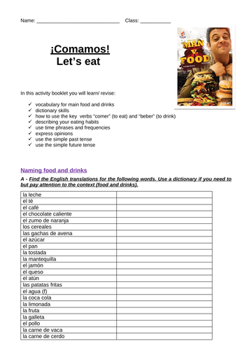 KS3 Spanish Healthy Eating Independent Learning Booklet + Answer booklet