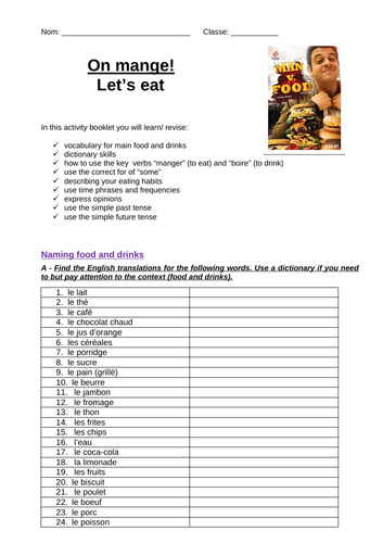 KS3 French Healthy Eating Independent Learning Booklet + Answer booklet