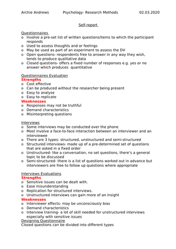 AQA A-level Psychology Research Methods Self report notes