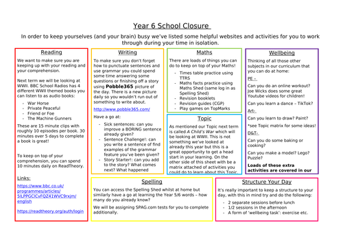COVID-19 School Closure Document Y6