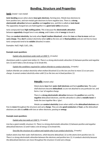 Structure, Bonding & Properties Information Sheet