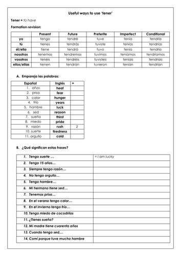 Spanish Gcse Idiomatic Expressions With Tener Teaching Resources