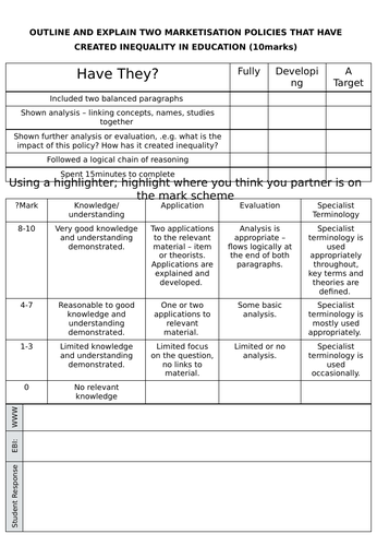 A-level Sociology 10 Marker Feedback sheet