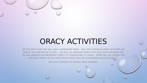 Oracy/English Home learning menu
