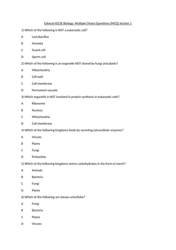 Edexcel IGCSE Biology Section 1 MCQs (and answers)