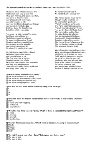 Poetry Hilaire Belloc "Jim who ran away from his Nurse and was eaten by a Lion" quiz hw pre-reading