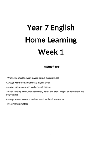 wk 1 year 7 english home learning revision independent